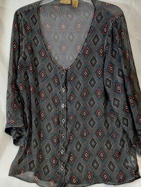Wrangler Black Multi Sheer Geometric Button-Front Blouse